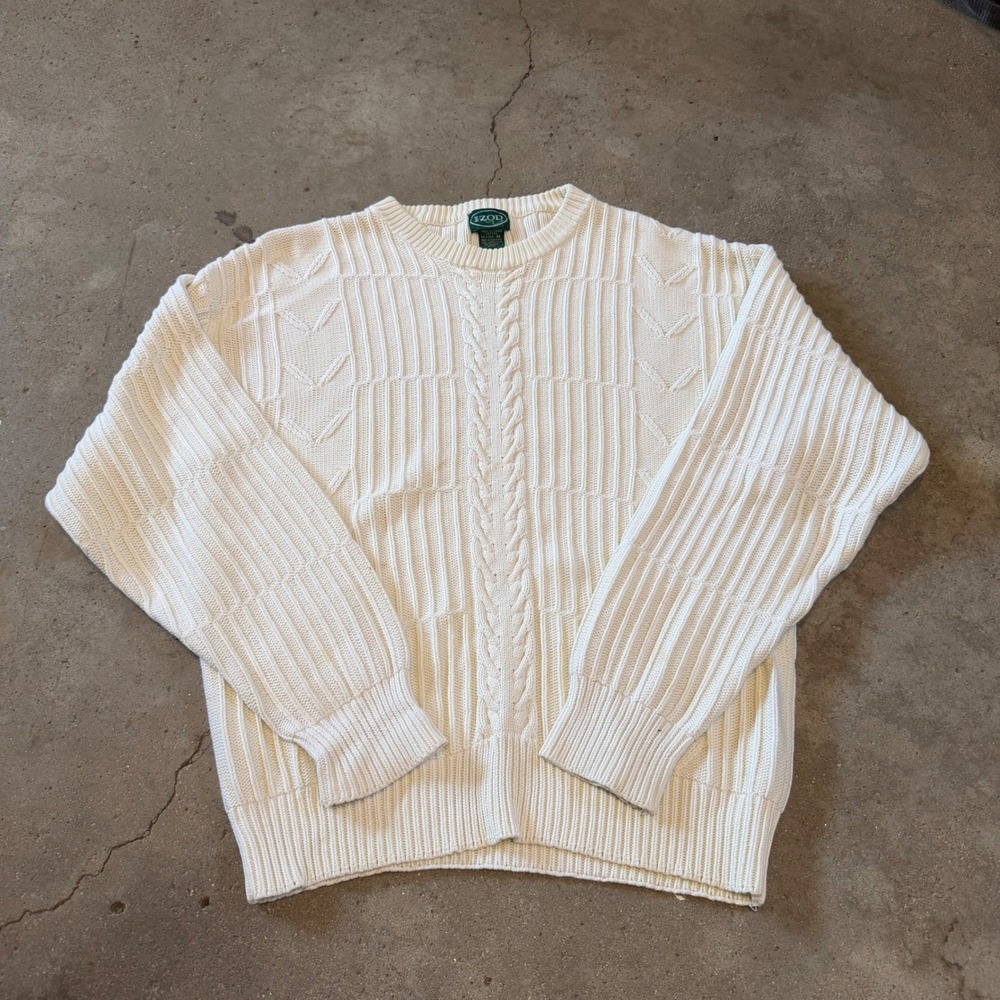 Vintage 90s IZOD Sweater Mens Medium Cream Cable Knit Combed Cotton Crewneck